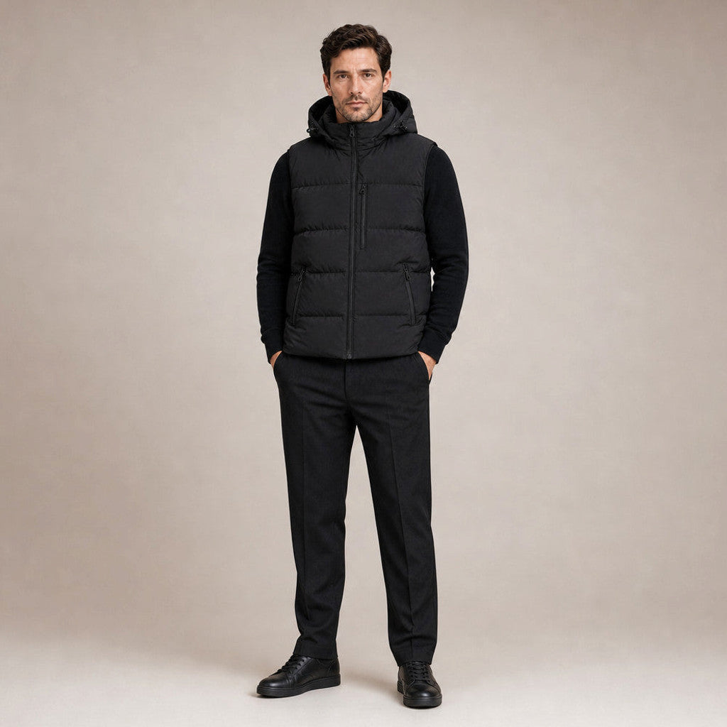 Hawkins | Long Puffer Vest Hooded Zip-Up Black – Full Look
