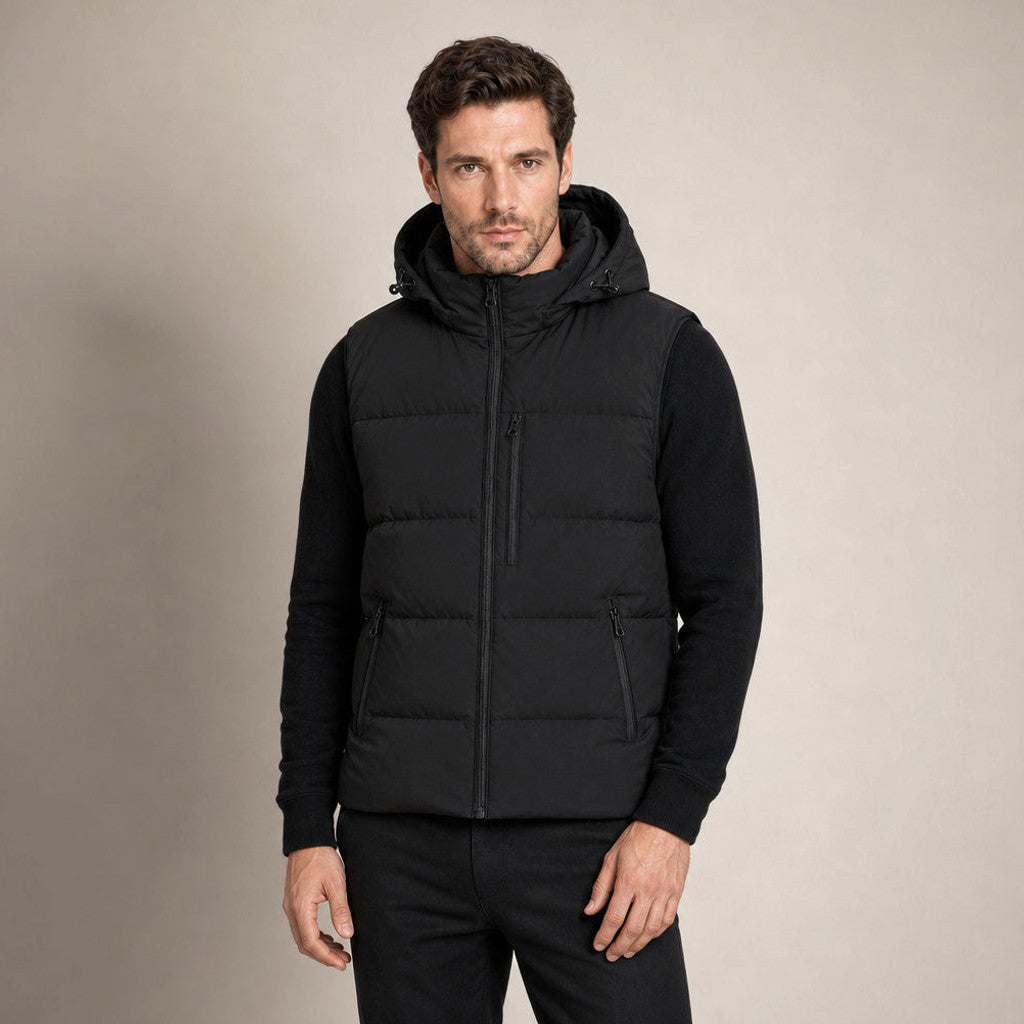 Hawkins | Long Puffer Vest Hooded Zip-Up in Black – Premium Editorial