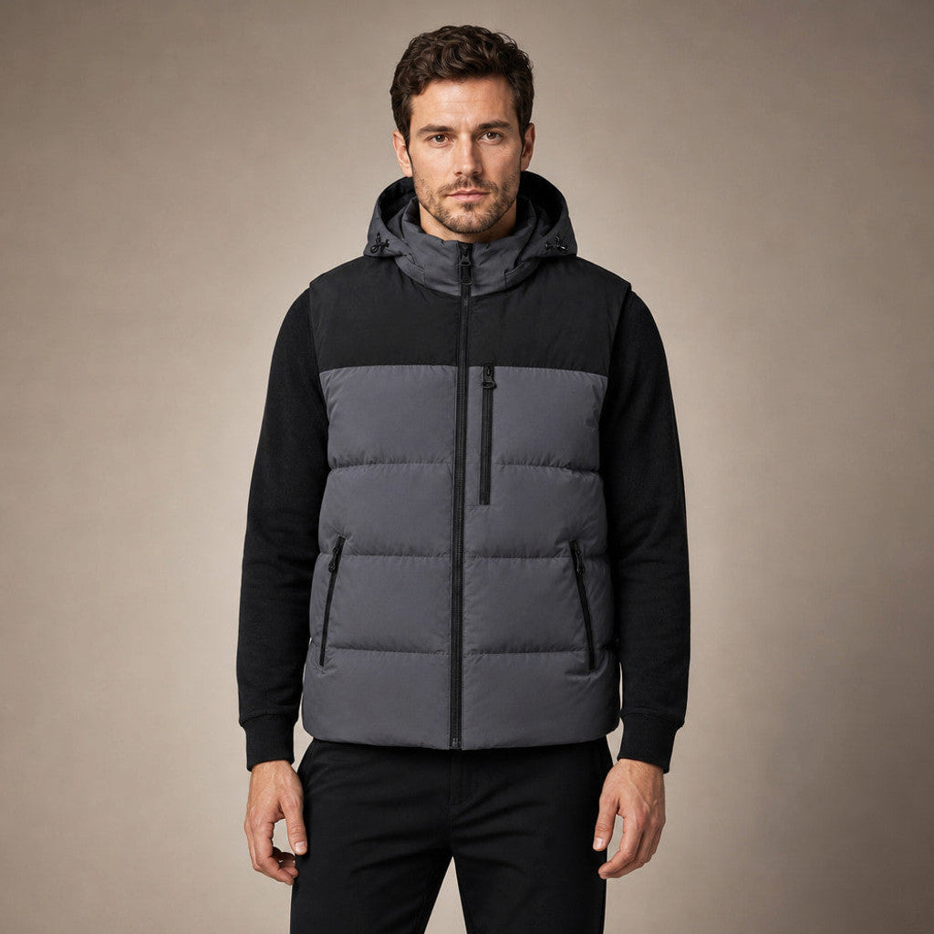 Hawkins | Long Puffer Vest Hooded Zip-Up in Dark Gray – Premium Editorial