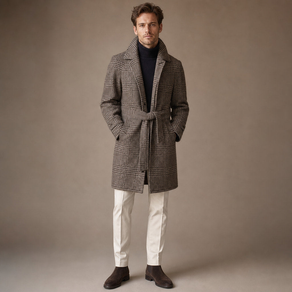 Raglan Sleeve Overcoat Checked Coffee Grid – Product Photo