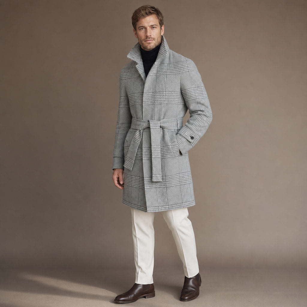 Raglan Sleeve Overcoat Checked Grey Grid – Side Angle View