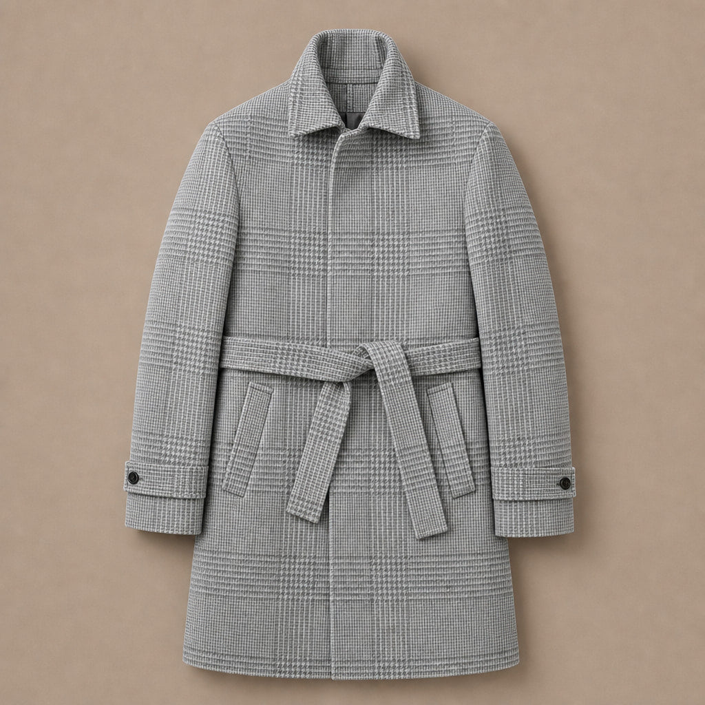 Raglan Sleeve Overcoat Checked Grey Grid – Flat Lay Product Photo