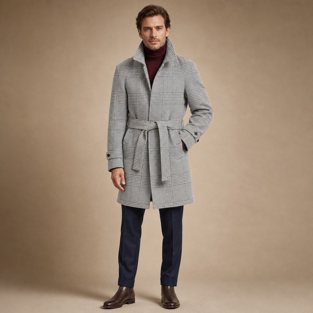 Raglan Sleeve Overcoat Checked Grey Grid – Product Photo