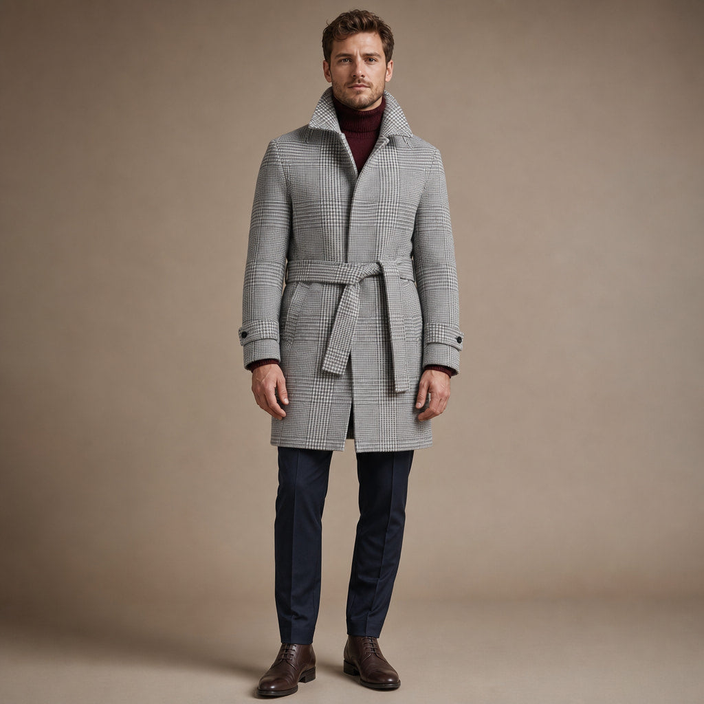 Raglan Sleeve Overcoat Checked in Grey Grid – Tomosino Premium Menswear