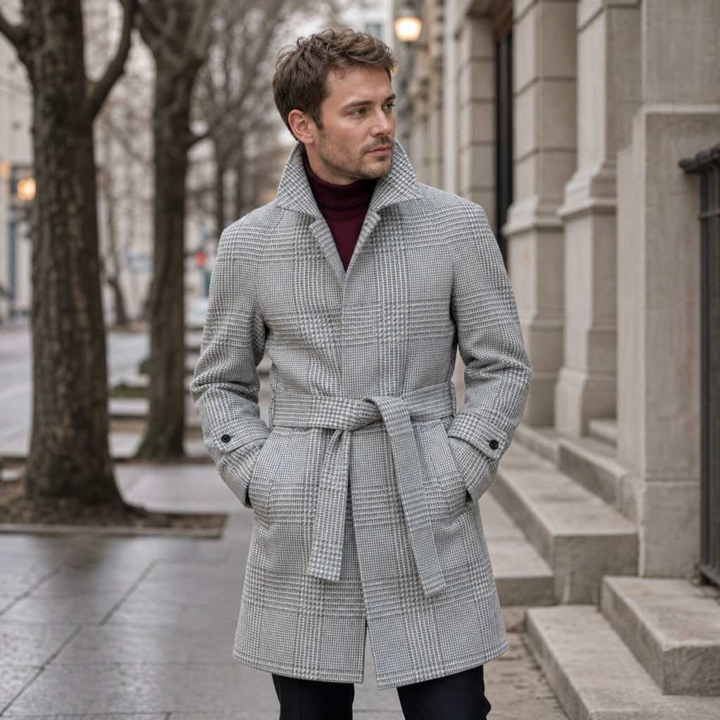 Raglan Sleeve Overcoat Checked Grey Grid – Styled Editorial Shot