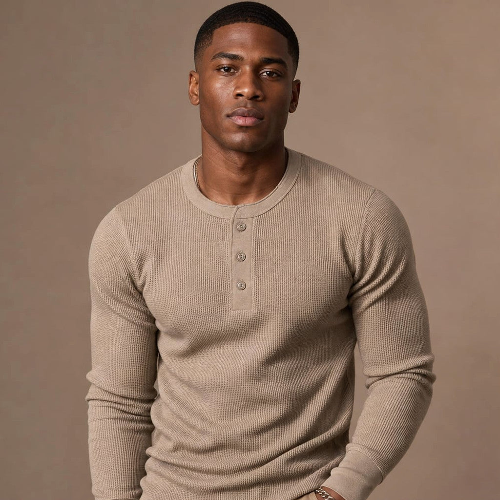 Henley Waffle Knit Heavyweight Slim-Fit Shirt in Camel – Tomosino Premium Menswear