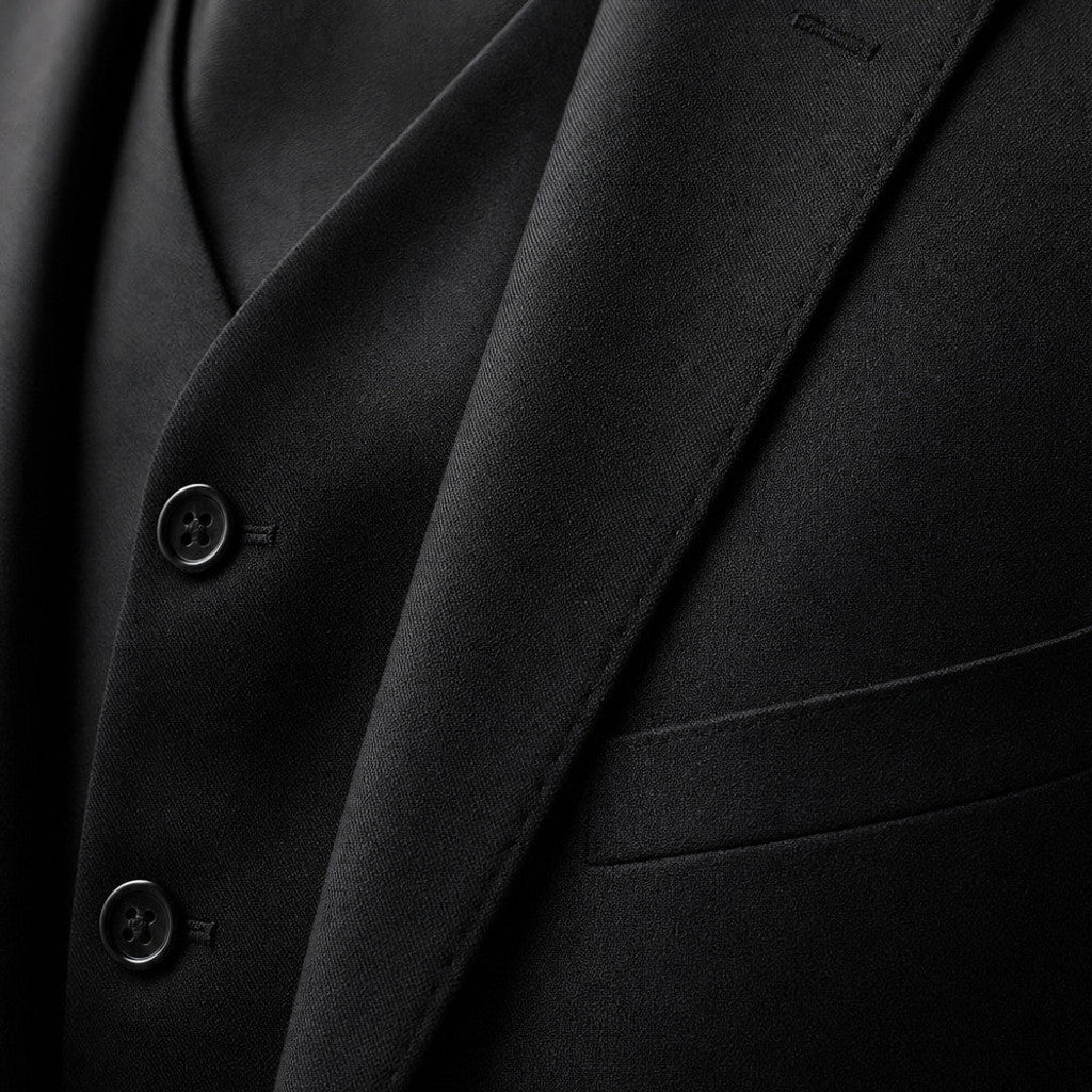 Hensbury | Three Piece Suit Slim Fit Notch Lapel Black – Fabric and Detail Close-Up