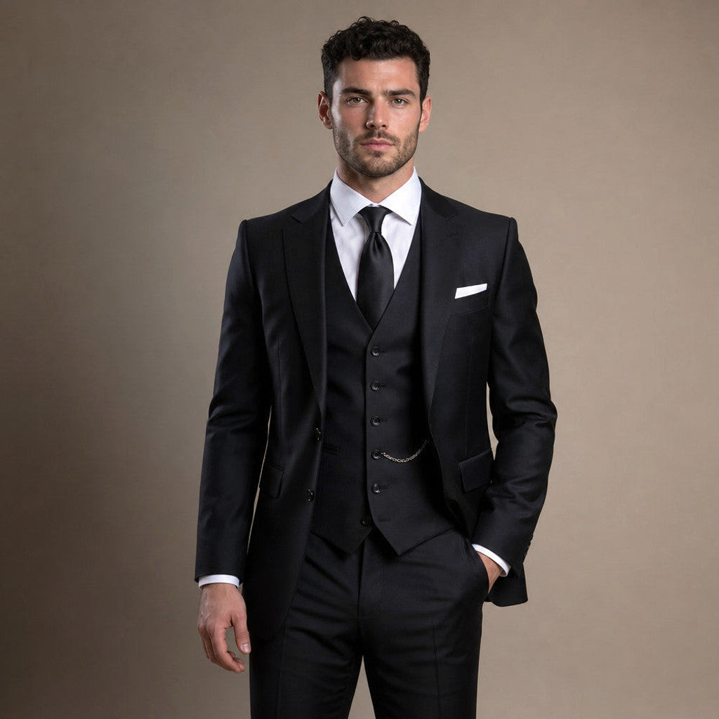 Hensbury | Three Piece Suit Slim Fit Notch Lapel Black – Full Look
