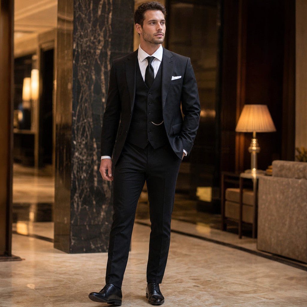 Hensbury | Three Piece Suit Slim Fit Notch Lapel Black – Styled Editorial Shot