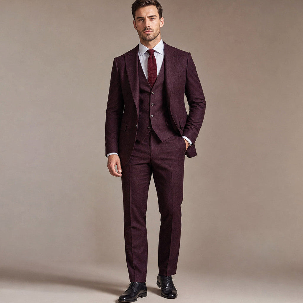 Hensbury | Three Piece Suit Slim Fit Notch Lapel in Burgundy Red – Premium Editorial