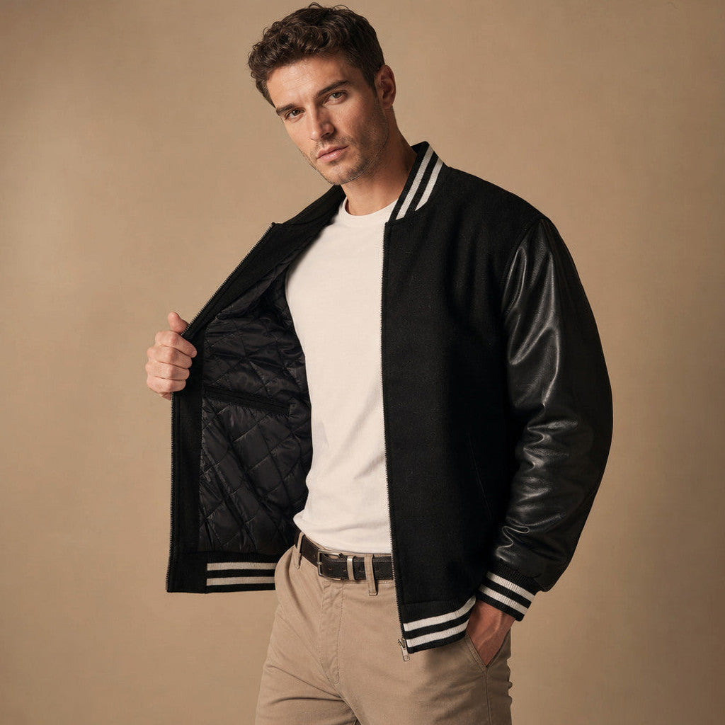 Hensford | Varsity Jacket Leather Sleeves Black Black – Side Angle View