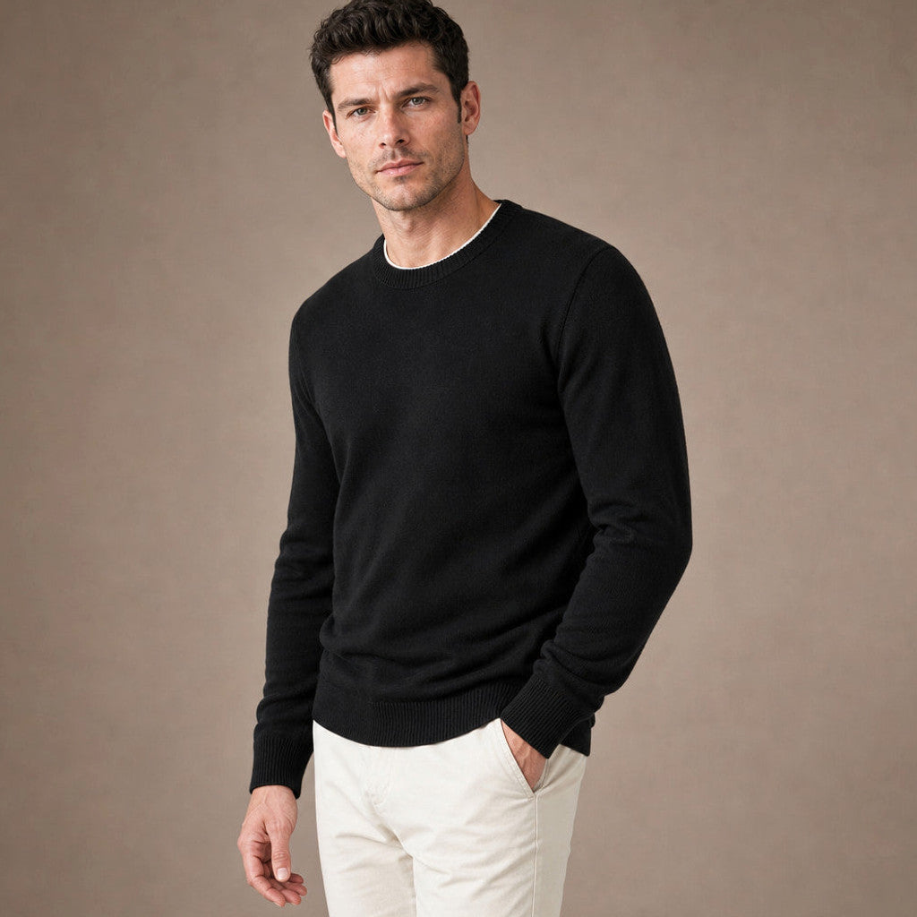 Holbrook | Crew Neck Jumper Lightweight Knit Black – Side Angle View