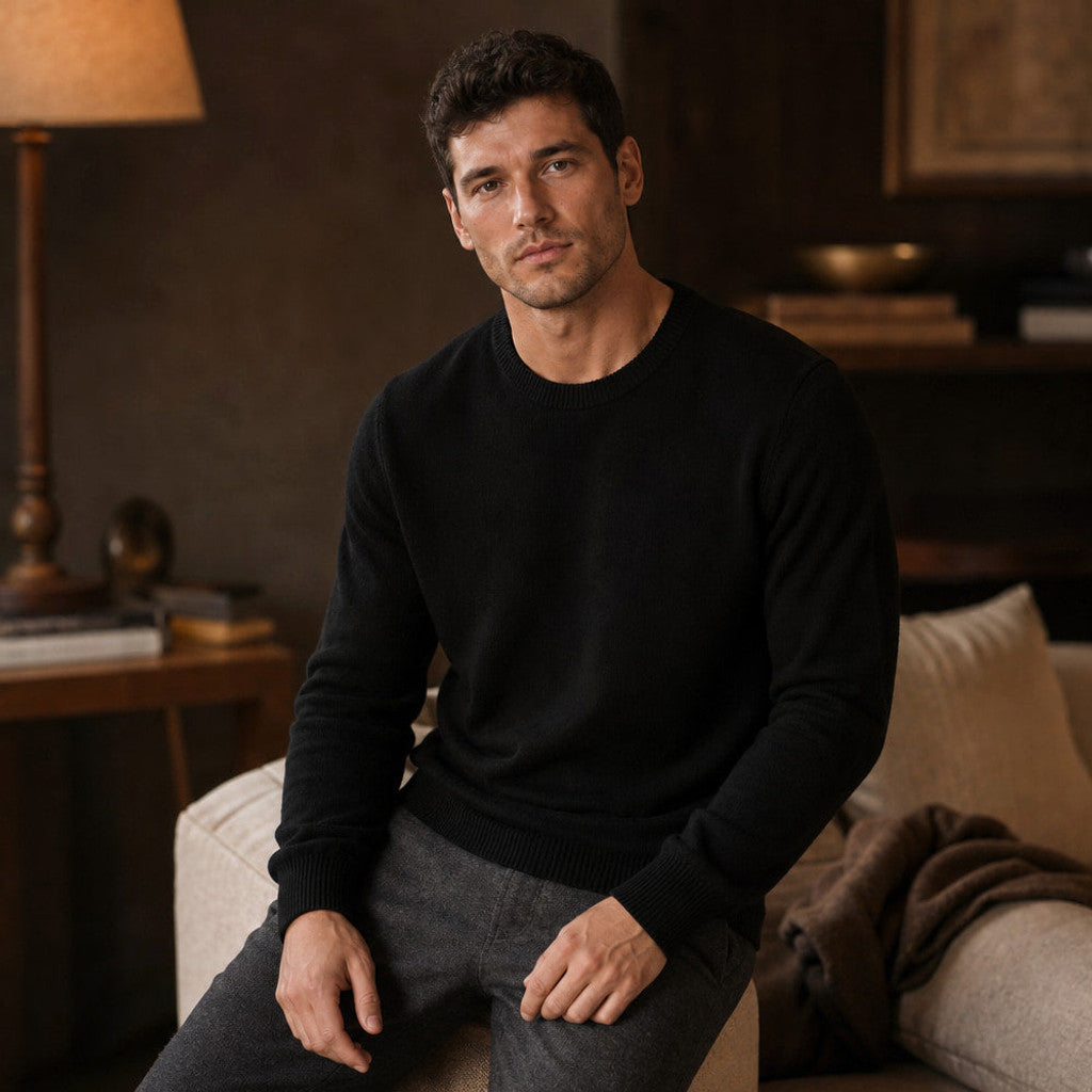 Holbrook | Crew Neck Jumper Lightweight Knit Black – Styled Editorial Shot