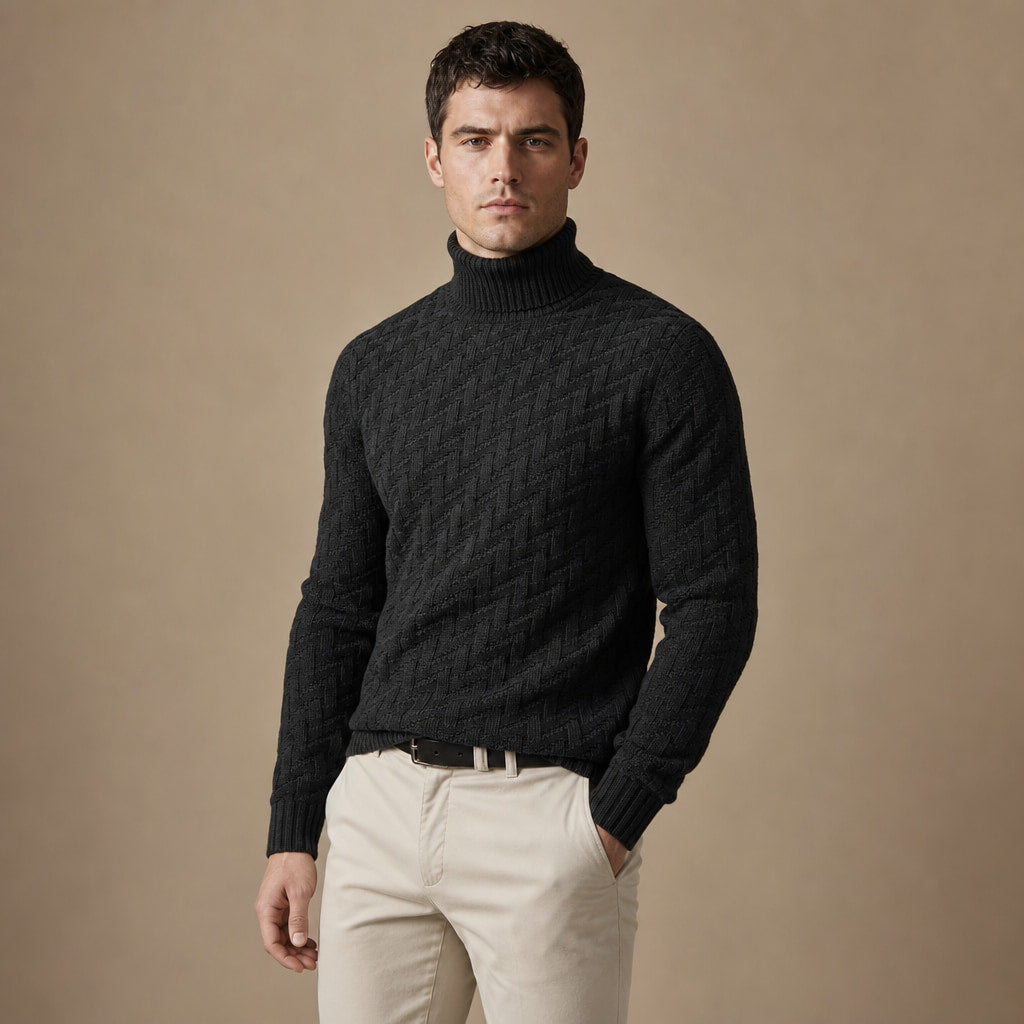 Turtleneck Sweater Ribbed Knit Black – Side Angle View