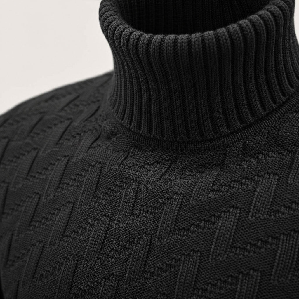 Turtleneck Sweater Ribbed Knit Black – Fabric and Detail Close-Up