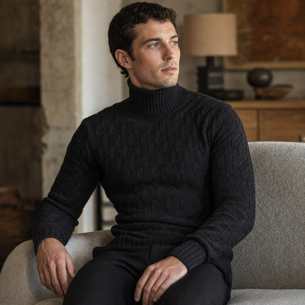 Turtleneck Sweater Ribbed Knit Black – Styled Editorial Shot