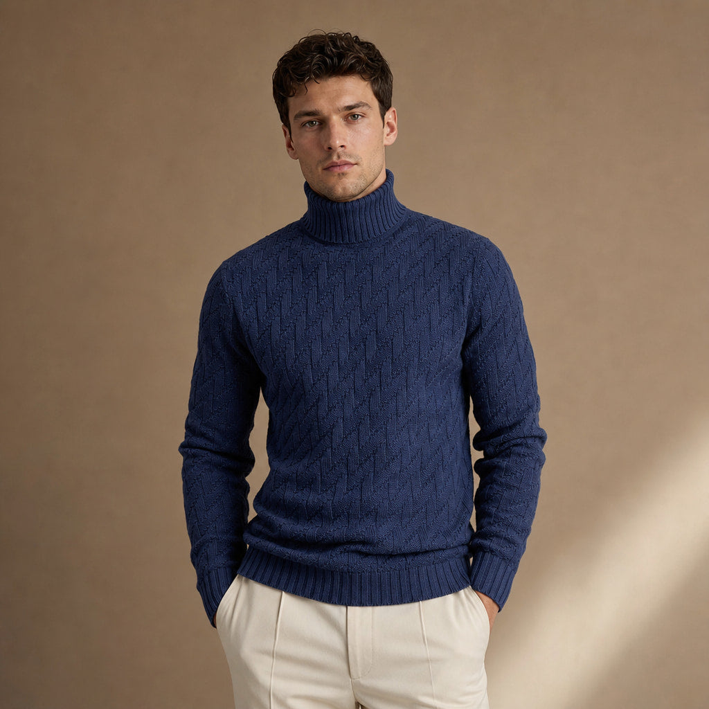 Turtleneck Sweater Ribbed Knit Navy Blue – Product Photo