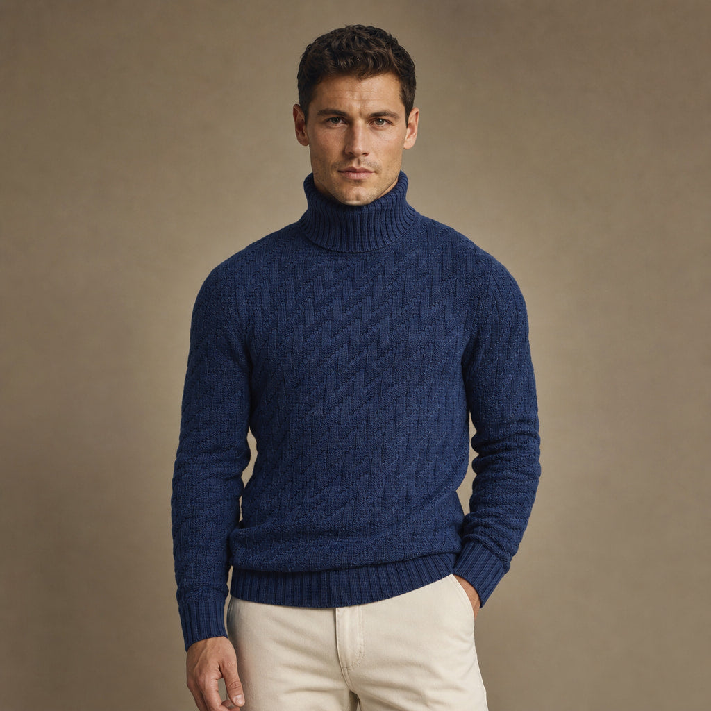 Turtleneck Sweater Ribbed Knit in Navy Blue – Tomosino Premium Menswear