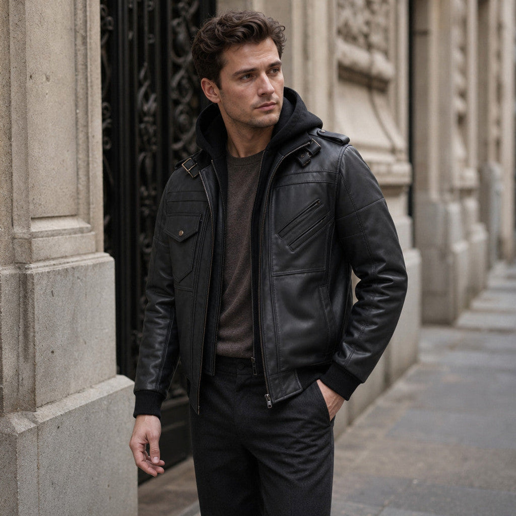 Hollis | Bomber Jacket Removable Hood Black – Product Photo