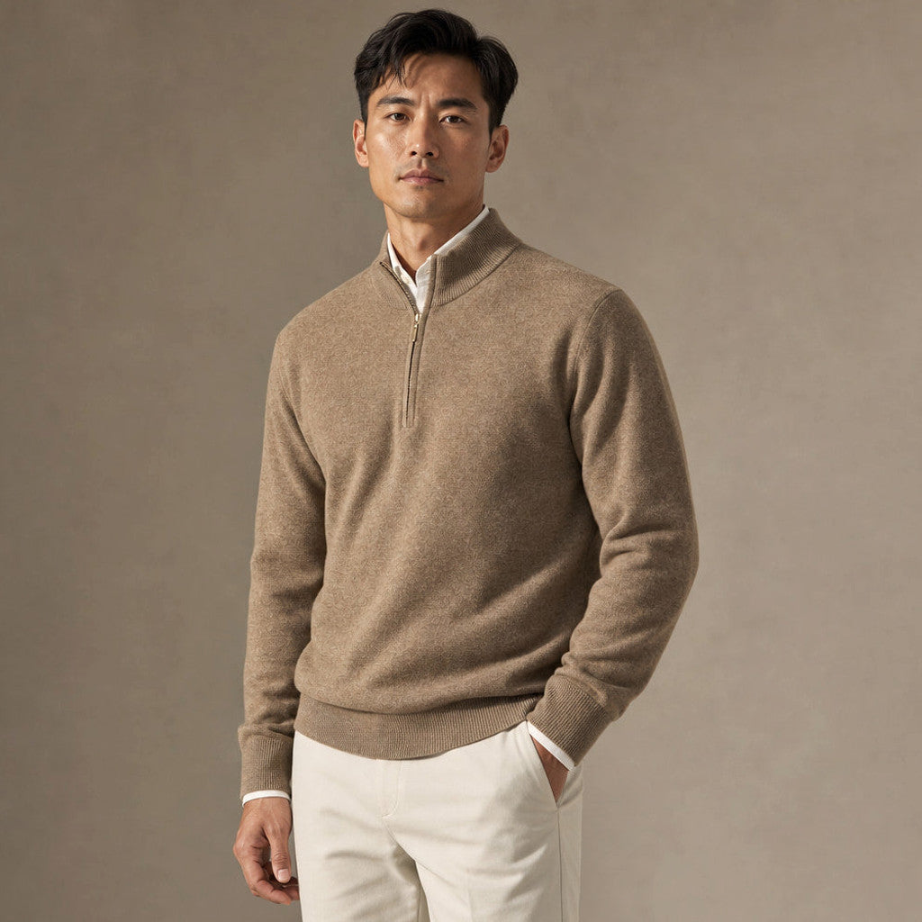 Horatio | Quarter Zip Jumper Wool Blend Camel – Side Angle View