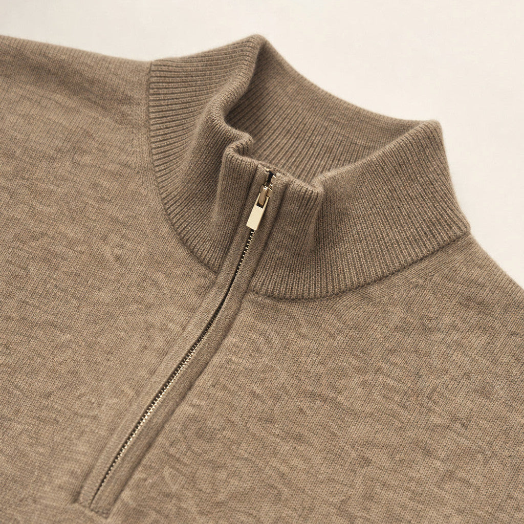 Horatio | Quarter Zip Jumper Wool Blend Camel – Fabric and Detail Close-Up
