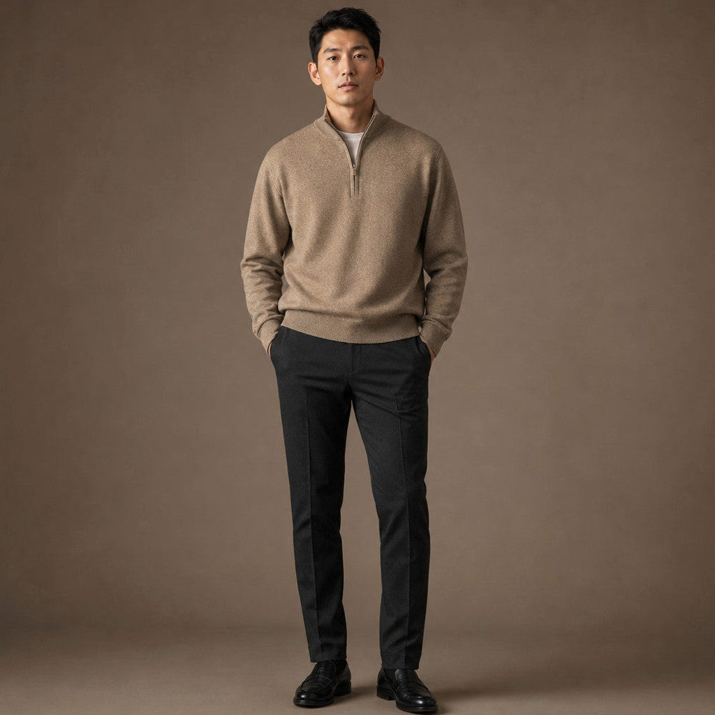 Horatio | Quarter Zip Jumper Wool Blend Camel – Full Look