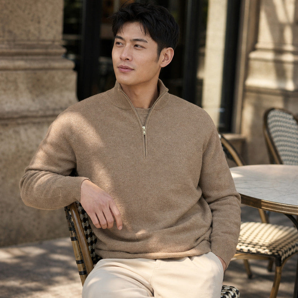 Horatio | Quarter Zip Jumper Wool Blend Camel – Styled Editorial Shot