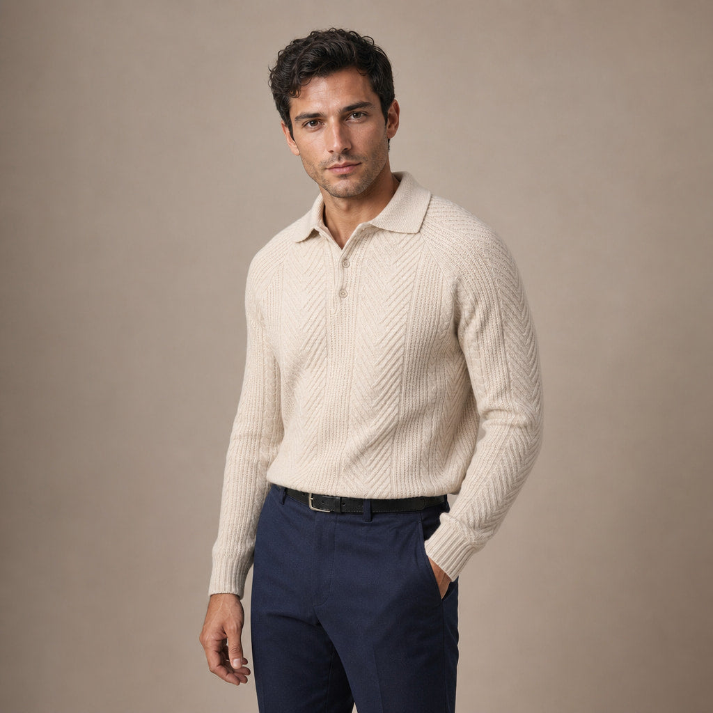 Cashmere Polo Shirt Long Sleeve Beige – Side Angle View