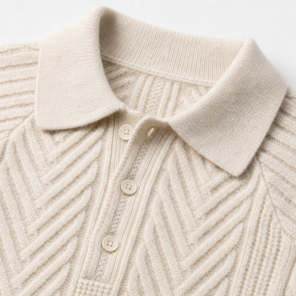 Cashmere Polo Shirt Long Sleeve Beige – Fabric and Detail Close-Up
