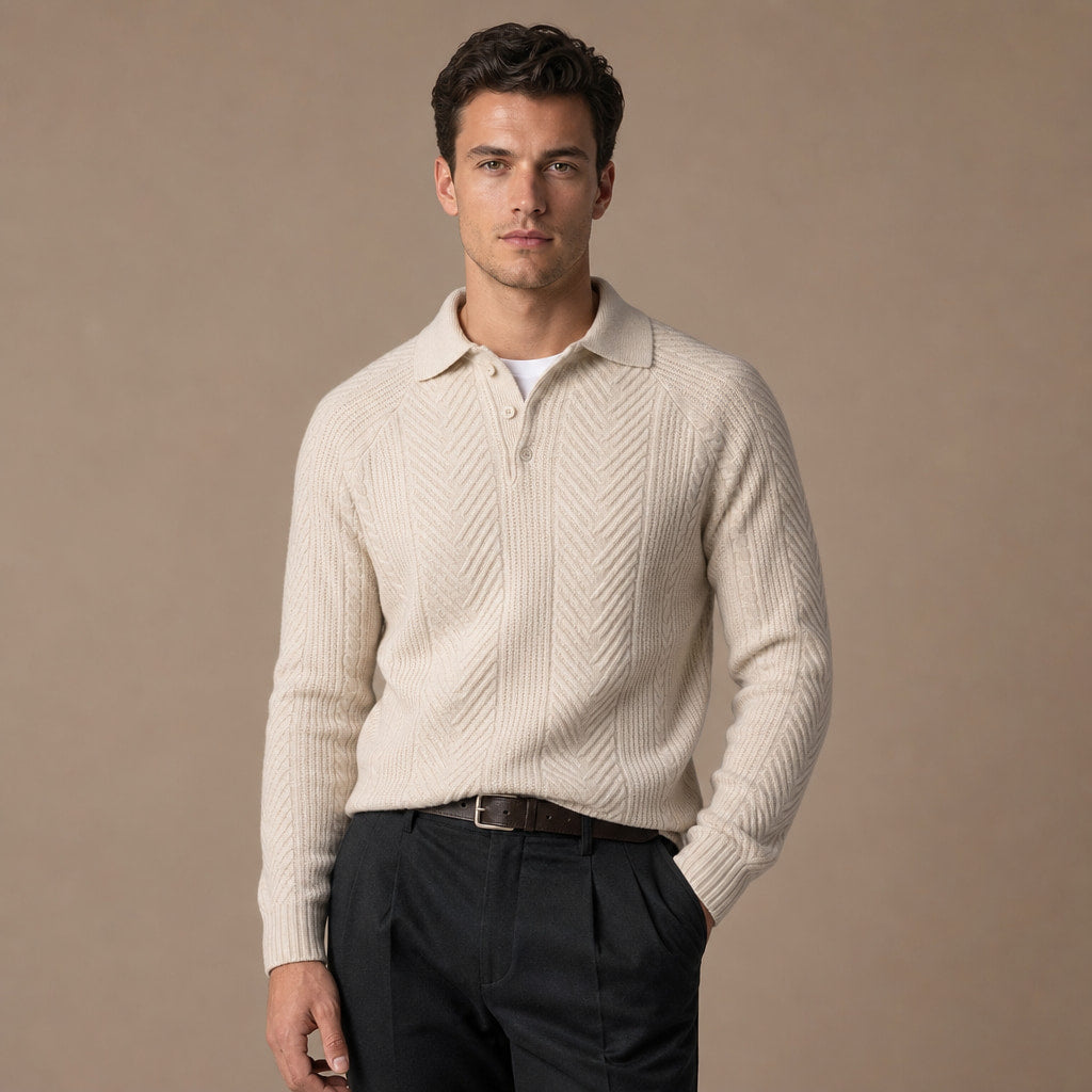 Cashmere Polo Shirt Long Sleeve Beige – Product Photo