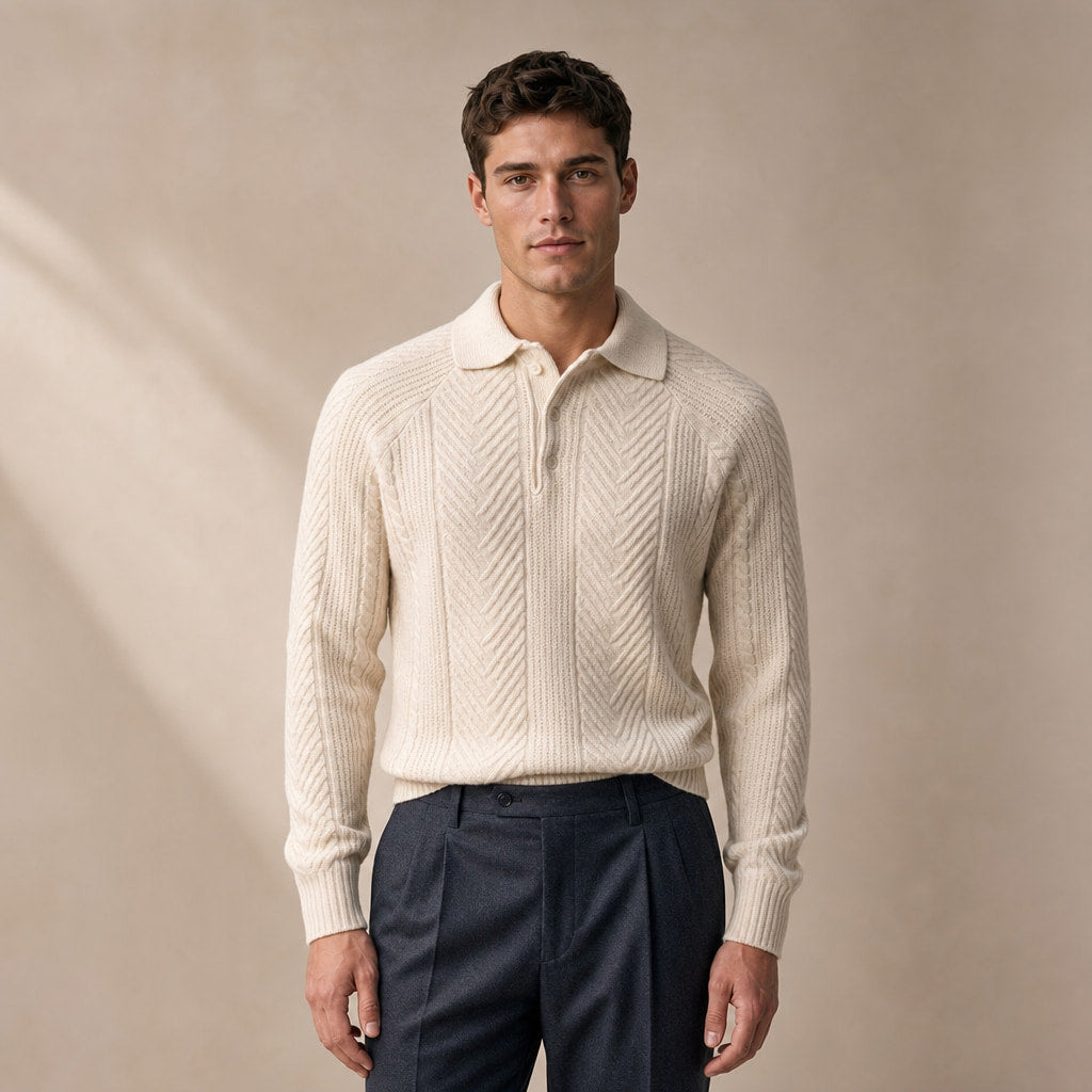 Cashmere Polo Shirt Long Sleeve in Beige – Tomosino Premium Menswear