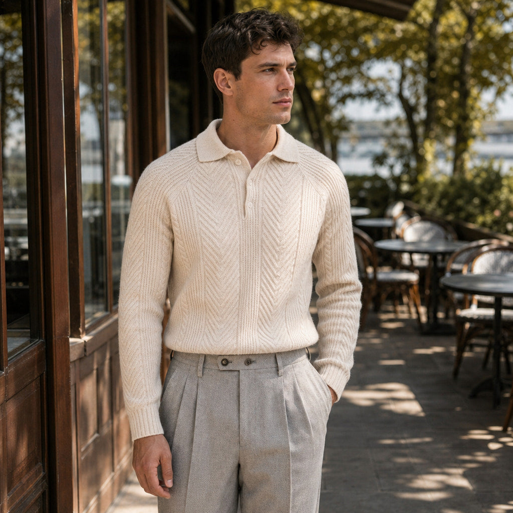 Cashmere Polo Shirt Long Sleeve Beige – Styled Editorial Shot