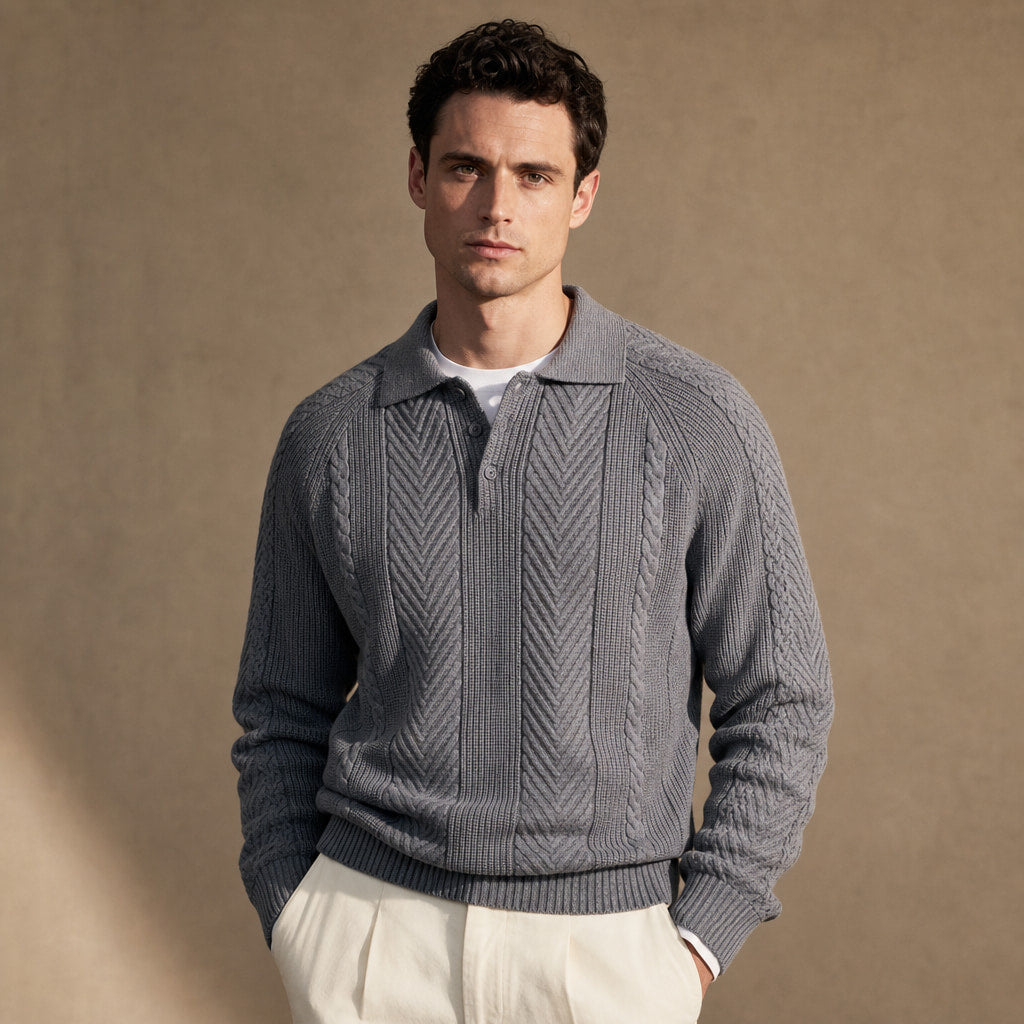 Cashmere Polo Shirt Long Sleeve Grey – Product Photo