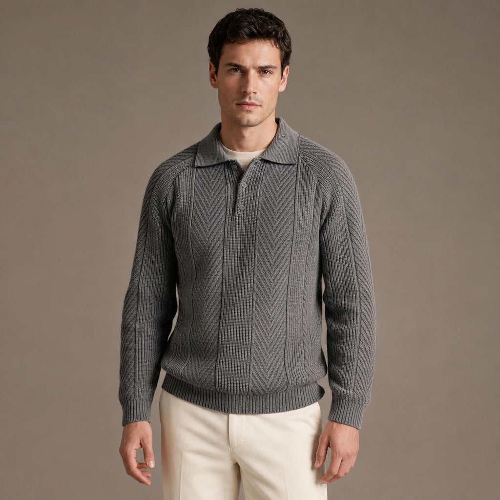 Cashmere Polo Shirt Long Sleeve in Grey – Tomosino Premium Menswear