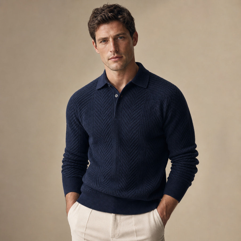 Cashmere Polo Shirt Long Sleeve Navy Blue – Product Photo