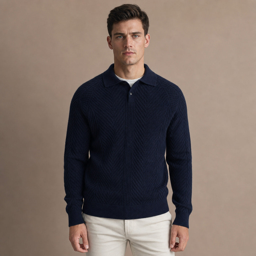 Cashmere Polo Shirt Long Sleeve in Navy Blue – Tomosino Premium Menswear