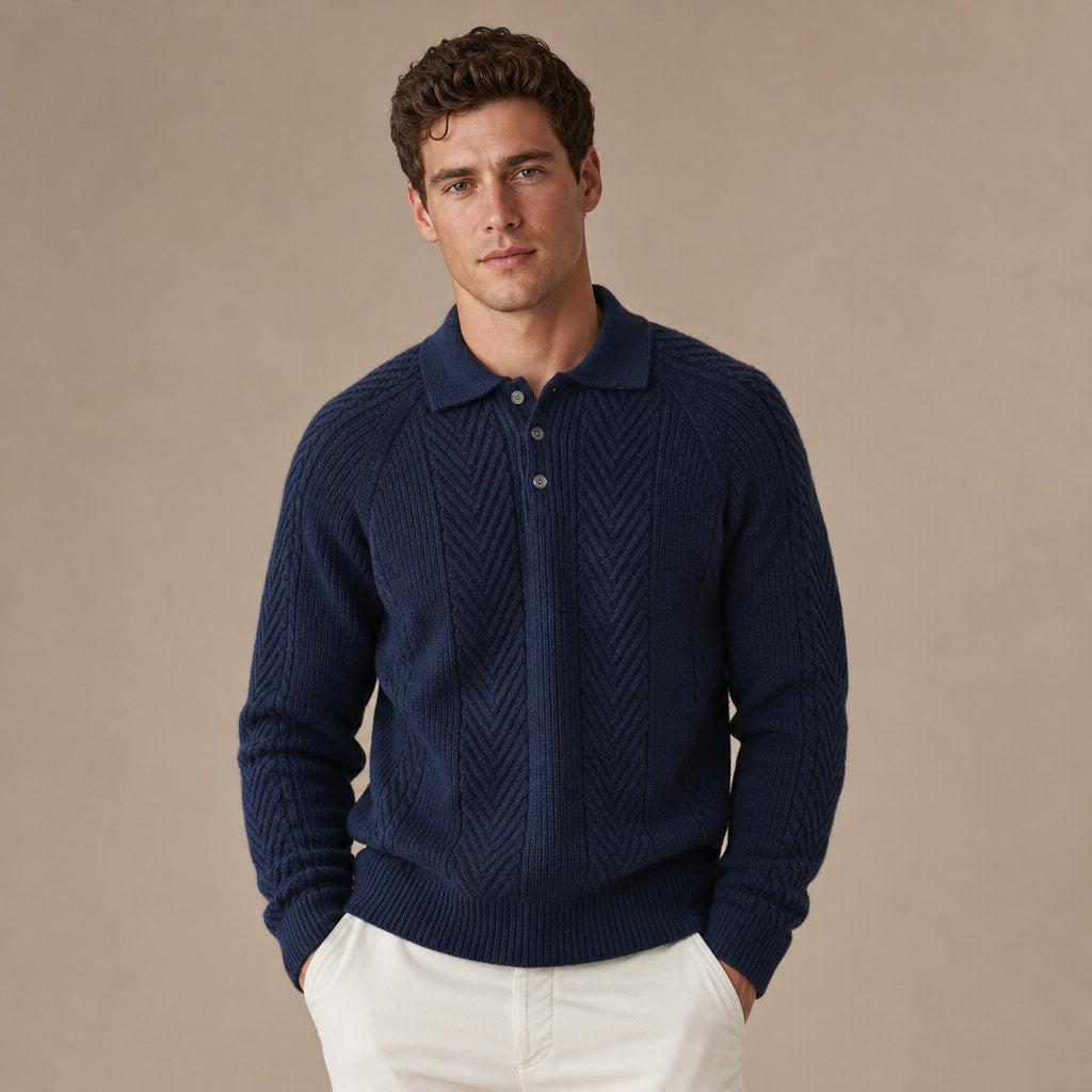 Cashmere Polo Shirt Long Sleeve Navy Green – Product Photo