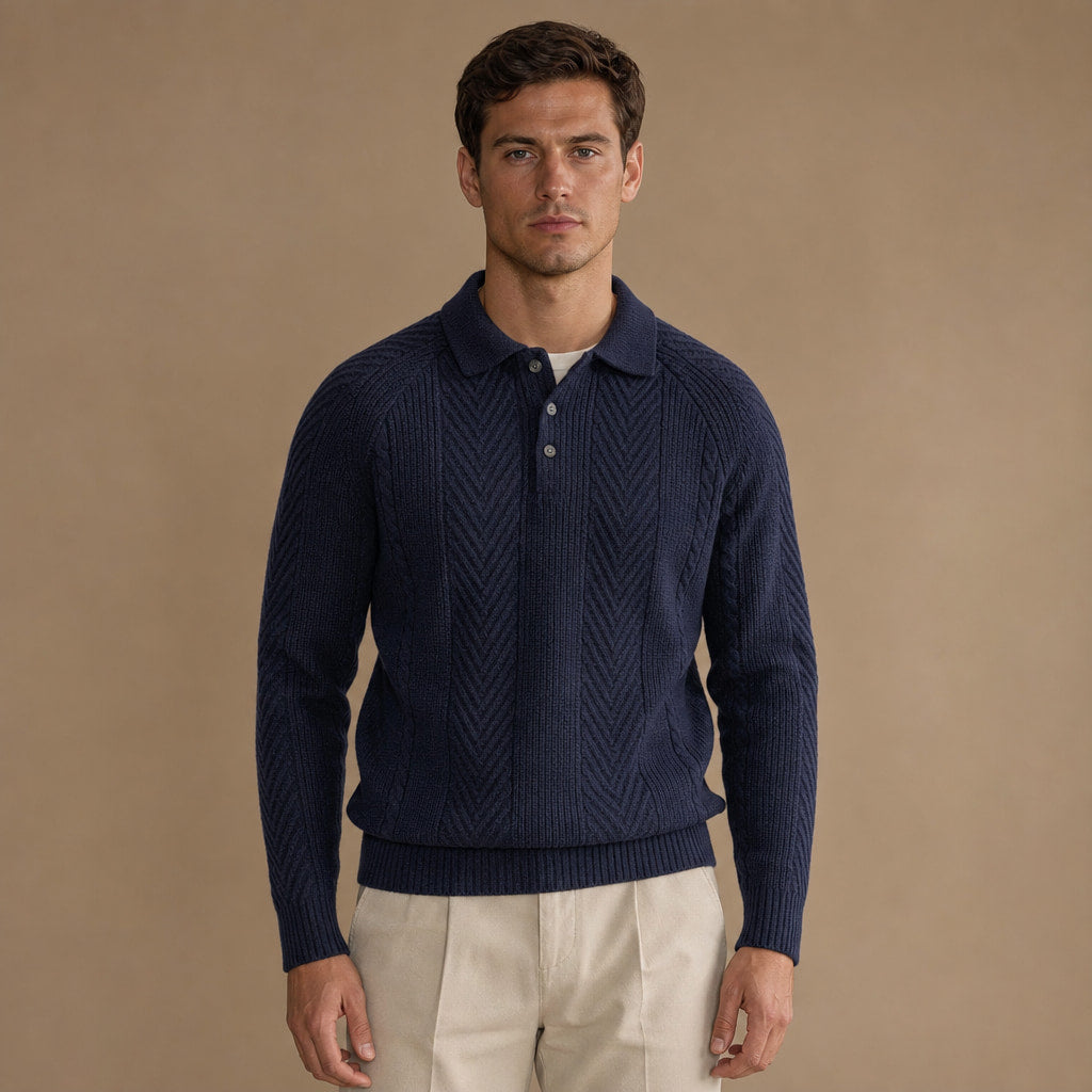 Cashmere Polo Shirt Long Sleeve in Navy Green – Tomosino Premium Menswear