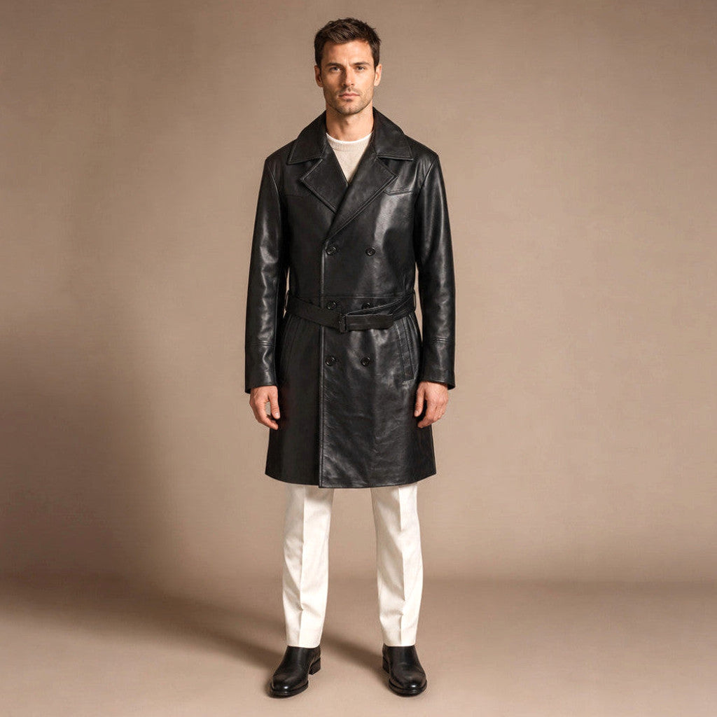 Black matte leather single-breasted trench coat with removable belt
