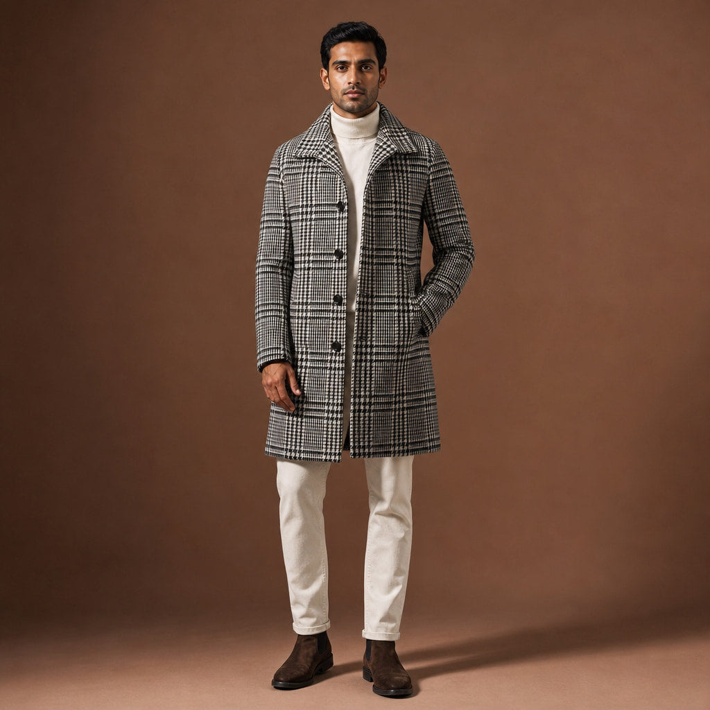 Glen Plaid Overcoat Wide Lapel Black White Houndstooth – Product Photo