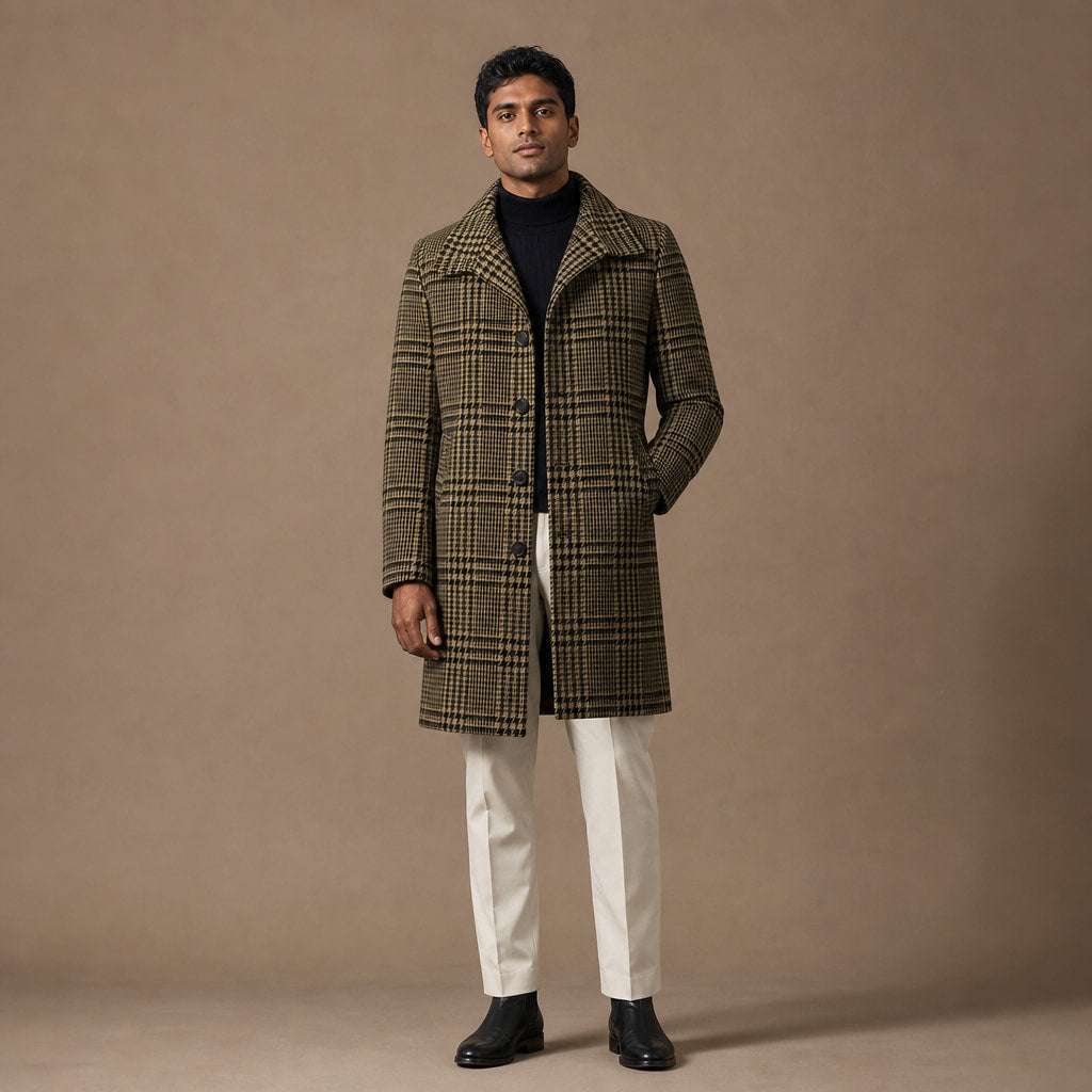 Glen Plaid Overcoat Wide Lapel Olive Houndstooth – Product Photo