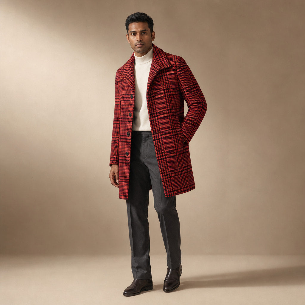 Glen Plaid Overcoat Wide Lapel Red Houndstooth – Side Angle View