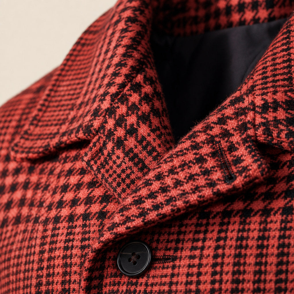 Glen Plaid Overcoat Wide Lapel Red Houndstooth – Fabric and Detail Close-Up