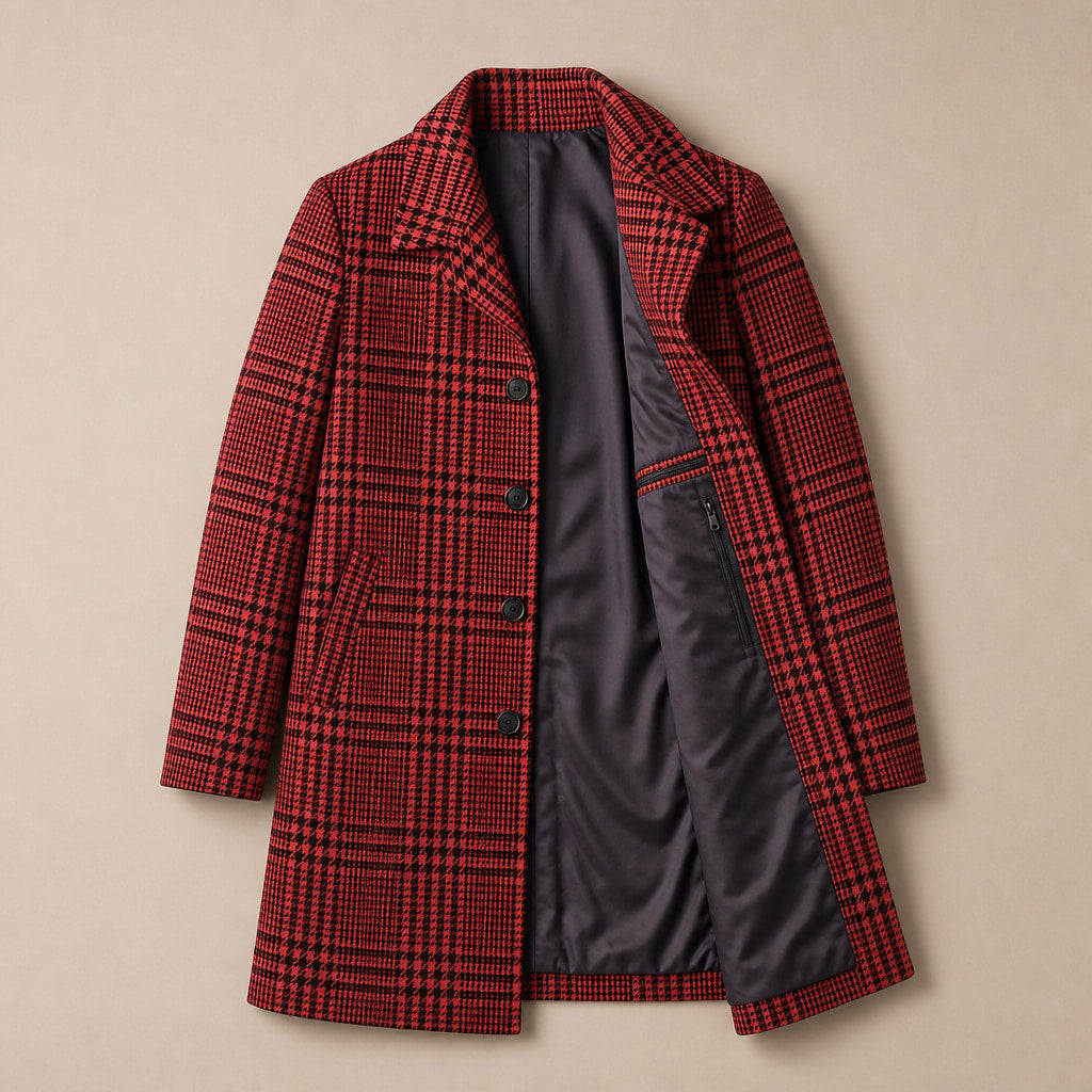 Glen Plaid Overcoat Wide Lapel Red Houndstooth – Flat Lay Product Photo