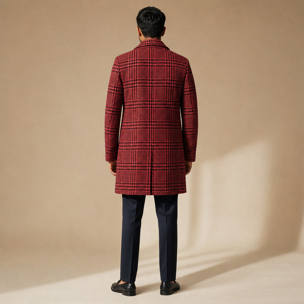 Glen Plaid Overcoat Wide Lapel Red Houndstooth – Full Look
