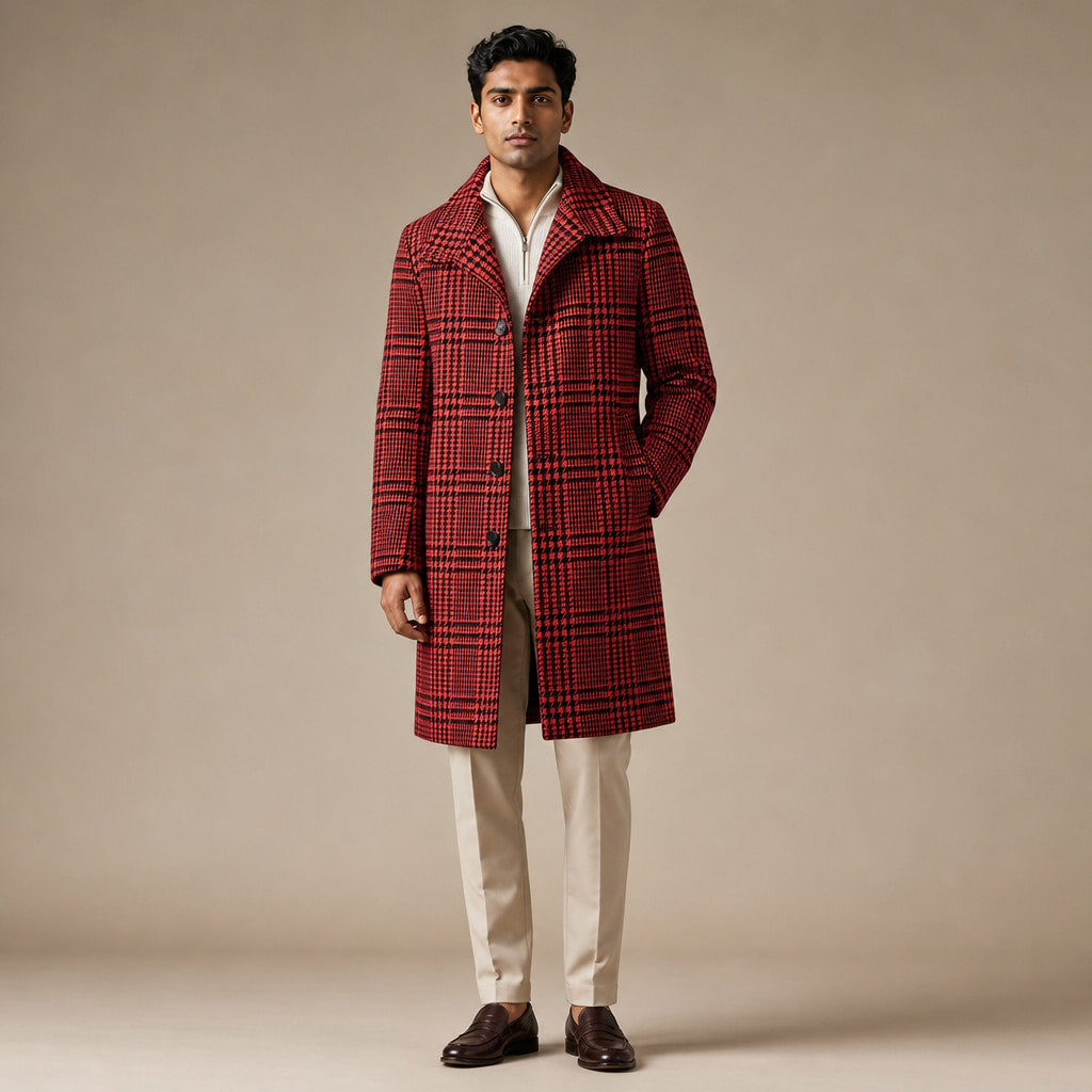 Glen Plaid Overcoat Wide Lapel Red Houndstooth – Product Photo