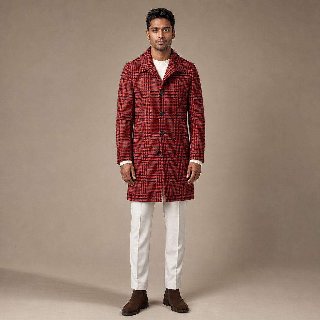 Glen Plaid Overcoat Wide Lapel in Red Houndstooth – Tomosino Premium Menswear