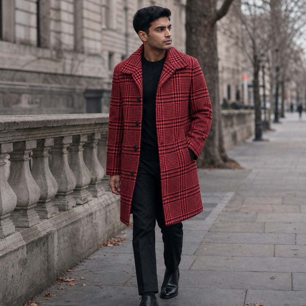 Glen Plaid Overcoat Wide Lapel Red Houndstooth – Styled Editorial Shot