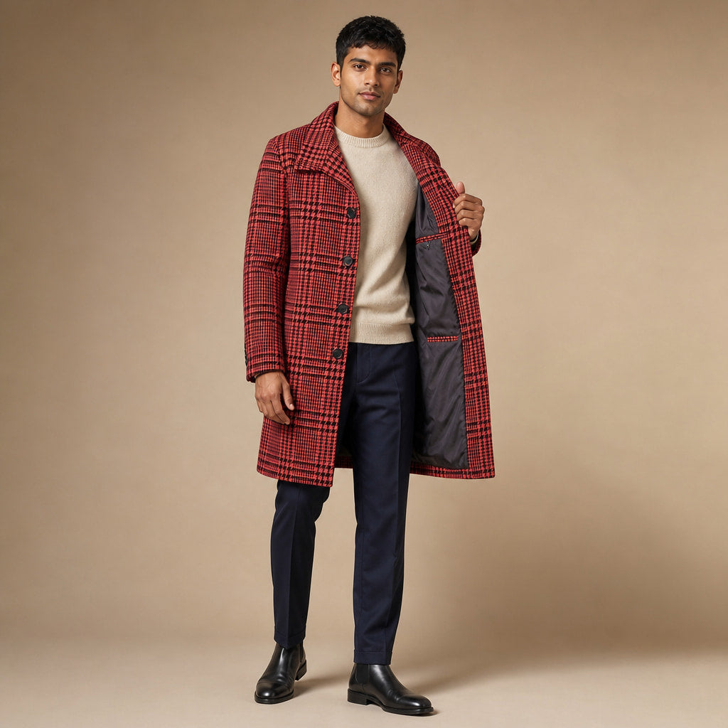 Glen Plaid Overcoat Wide Lapel Red Houndstooth – Interior Lining Detail