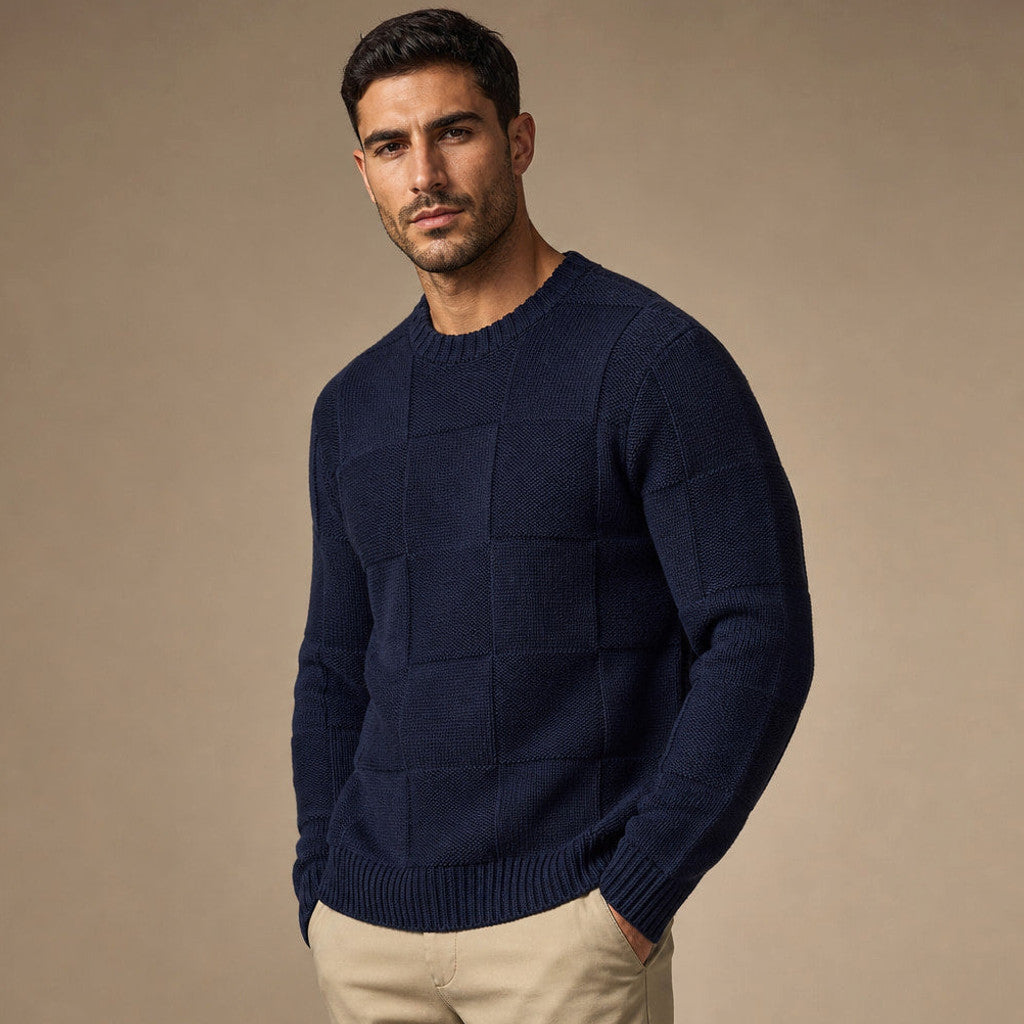 Idris | Knit Sweater and Trouser Set Navy/Beige – Side Angle View